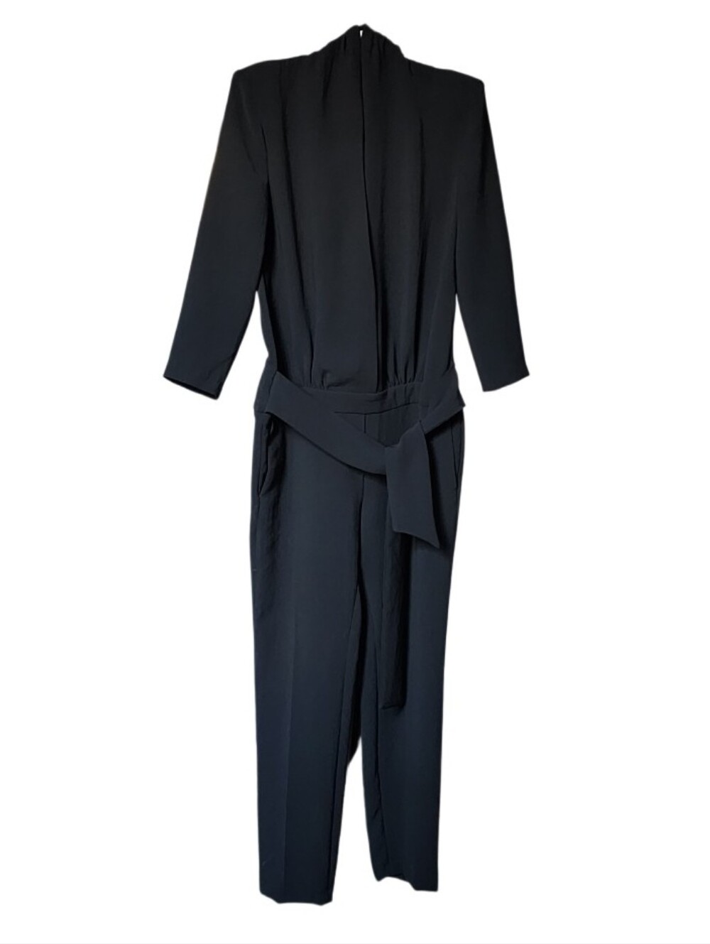Women's Black Long-Sleeve Jumpsuit with Tie Waist